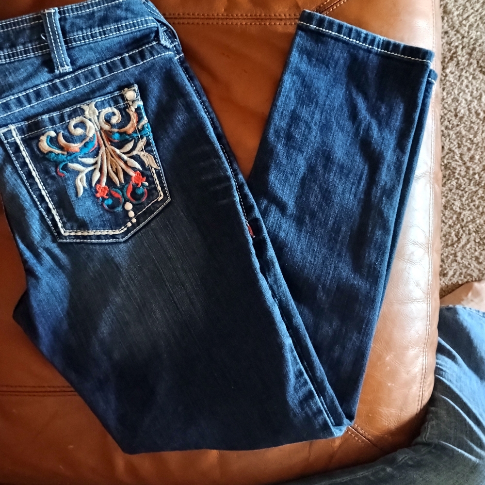 Ariat Dark Blue Cropped Jeans with Colorful Embroidered Back Pocket